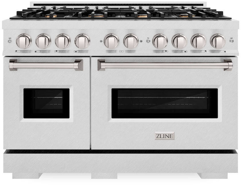ZLINE CDRSBR48 48 inch Classic Series Dual Fuel Range with 8 Brass Burners, 6.7 cu. ft. Total Oven Capacity, Convection Cooking and Auto-Reignition (Satin Stainless Steel, 1 Year Parts and Labor, Limited Lifetime on Burners, No)