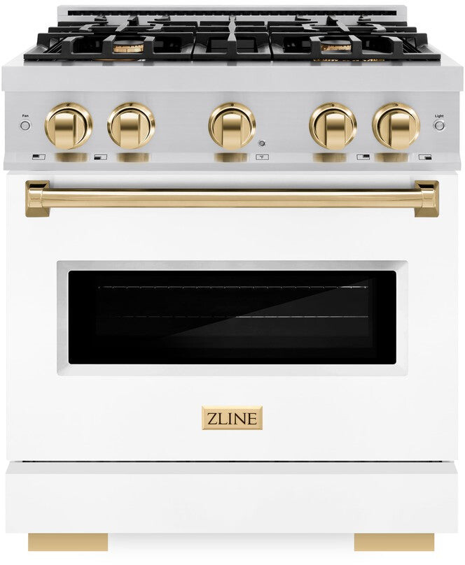 ZLINE CDRZWM30G 30 inch Autograph Edition Classic Series Dual Fuel Range with 4 Burners, 4.2 cu. ft. Oven Capacity, Convection Cooking and Auto-Reignition (White Matte, Polished Gold)