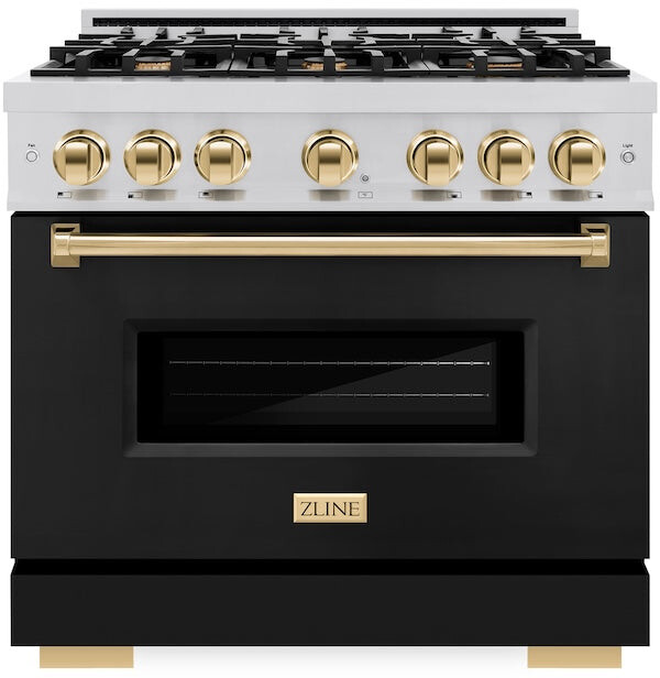 ZLINE CDRZBLM36G 36 inch Autograph Edition Classic Series Dual Fuel Range with 6 Burners, 5.2 cu. ft. Oven Capacity, Convection Cooking and Auto-Reignition in Black Matte (Polished Gold)