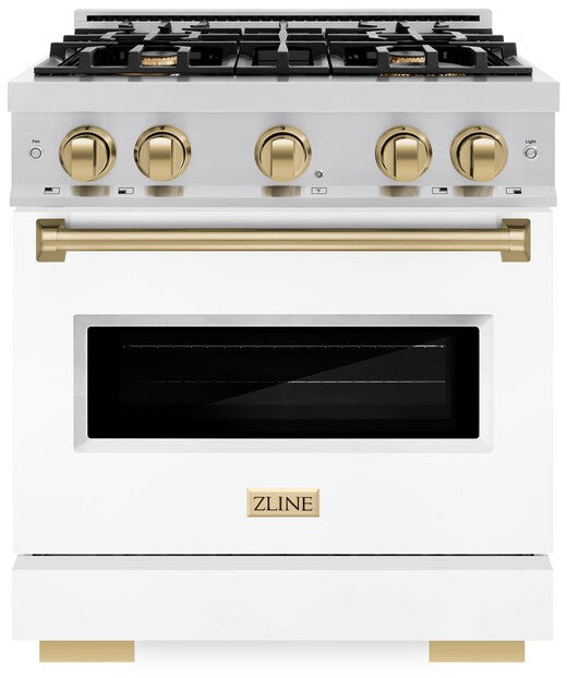 ZLINE CDRZWM30CB 30 inch Autograph Edition Classic Series Dual Fuel Range with 4 Burners, 4.2 cu. ft. Oven Capacity, Convection Cooking and Auto-Reignition (White Matte, Champagne Bronze)