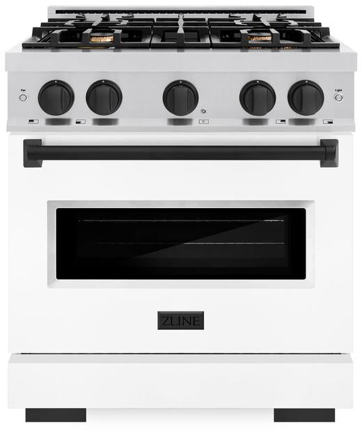ZLINE CDRZWM30MB 30 inch Autograph Edition Classic Series Dual Fuel Range with 4 Burners, 4.2 cu. ft. Oven Capacity, Convection Cooking and Auto-Reignition (White Matte, Matte Black)