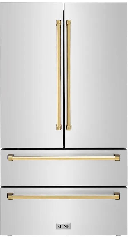 ZLINE RFMZ36G 36 inch Autograph Edition Counter-Depth French Door Refrigerator with 22.5 cu. ft. Capacity, Ice Maker and Dual Freezer Drawers in Stainless Steel (Polished Gold)