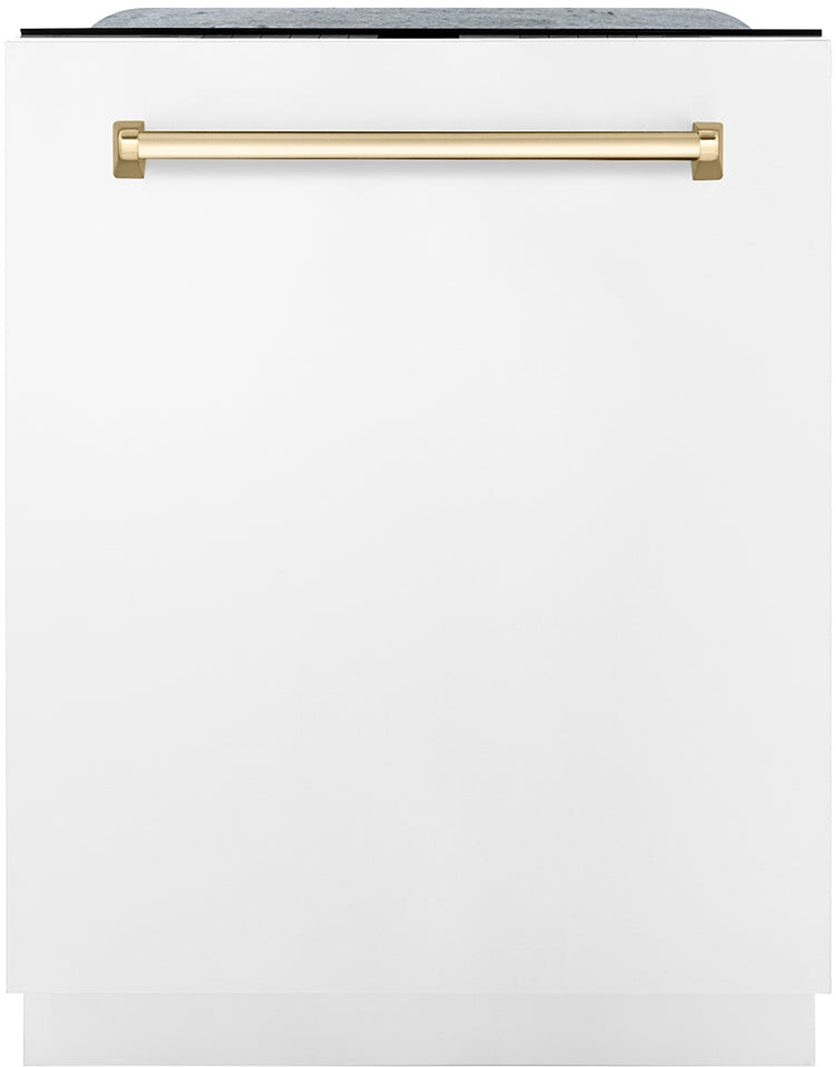 ZLINE DWMTZWM24G 24 inch Autograph Edition Monument Series Top Touch Control Dishwasher with 16 Place Settings, DuraWash Technology, 3rd Rack and ENERGY STAR Certified (White Matte, Polished Gold)