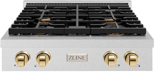 ZLINE SRTSZ30G 30 inch Autograph Edition Paramount Series Gas Rangetop with 4 Burners, Porcelain Cooktop and Cast Iron Grates in Satin Stainless Steel (Polished Gold)
