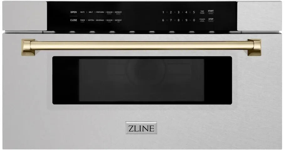 ZLINE MWDZ30SSG 30 inch Autograph Edition Built-In Microwave Drawer with 1.2 cu. ft. Capacity, Auto-Touch Open and Close and 1000 Watts Cooking Power in Satin Stainless Steel (Polished Gold)