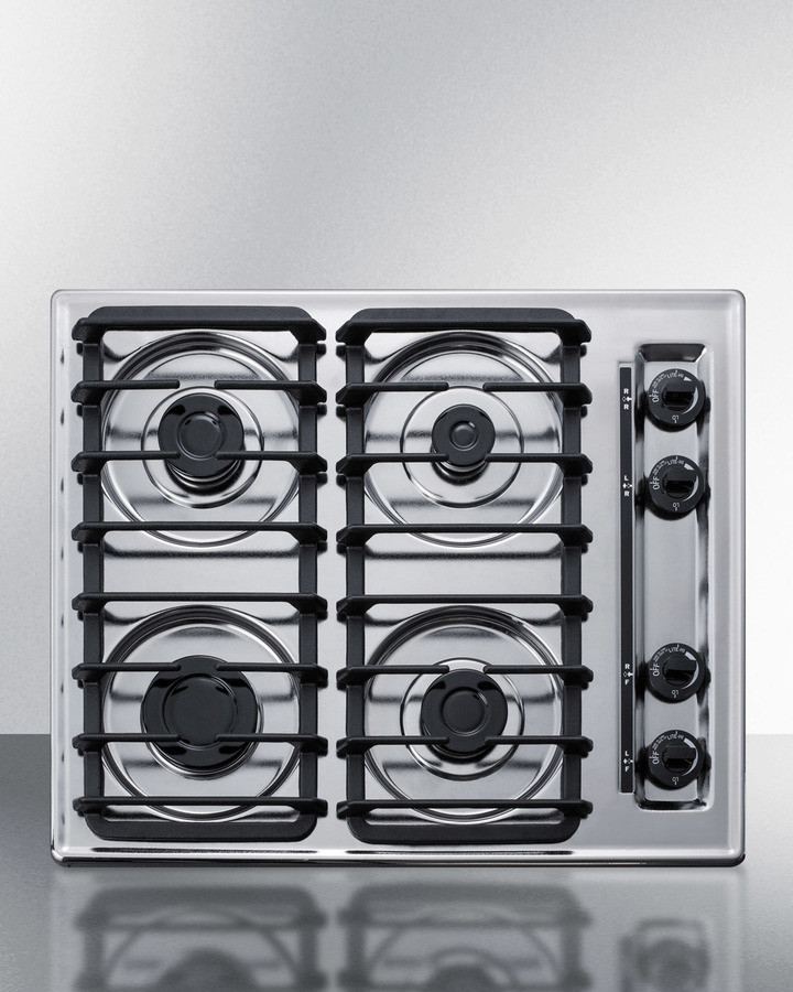 Summit ZTL033S 24 inch Gas Cooktop with 4 Sealed Sabaf Burners, Cast Iron Grates and Push-to-Turn Knobs (Stainless Steel Look)