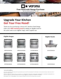 Verona: Free Matching Hood with Purchase of 36" Stainless Steel Range